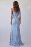 Vestido formal de sirena azul cielo con apliques de un solo hombro