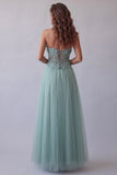 Corsé verde sin tirantes Vestido formal de tul con aplicación de línea