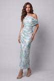 Vestido formal floral de un solo hombro verde claro