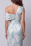 Vestido formal floral de un solo hombro verde claro