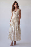 Vestido formal de Champagne A-Line fruncido, escote en V con estampado de cuentas y mangas gordas