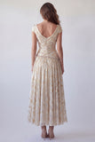 Vestido formal de Champagne A-Line fruncido, escote en V con estampado de cuentas y mangas gordas