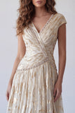 Vestido formal de Champagne A-Line fruncido, escote en V con estampado de cuentas y mangas gordas