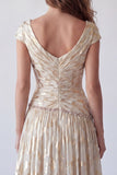Vestido formal de Champagne A-Line fruncido, escote en V con estampado de cuentas y mangas gordas