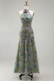 Vestido formal largo de chiffon de salvia Línea A con escote floral fruncido y escote halter