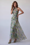 Vestido formal largo de chiffon de salvia Línea A con escote floral fruncido y escote halter