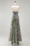 Vestido formal largo de chiffon de salvia Línea A con escote floral fruncido y escote halter