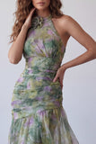 Vestido formal largo de chiffon de salvia Línea A con escote floral fruncido y escote halter