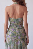 Vestido formal largo de chiffon de salvia Línea A con escote floral fruncido y escote halter