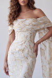Vestido formal Midi Look Bodycon Color Champán con Estampado de Hombros Descubiertos y Capa