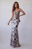 Vestido formal largo sin tirantes floral sirena malva de sirena