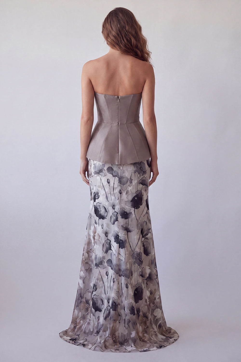 Vestido formal largo sin tirantes floral sirena malva de sirena