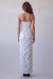 Vestido formal largo de tirantes finos con flores con tirantes finos azul claro
