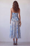 Vestido formal midi floral sin tirantes azul polvoriento de gasa azul polvoriento