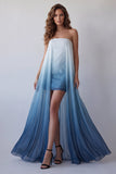 Vestido formal mini bodycon sin tirantes de gasa Lake Blue