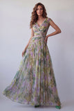 Vestido formal largo largo de escote en V con escote en V y salvia de gasa