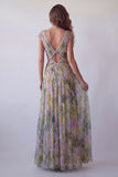 Vestido formal largo largo de escote en V con escote en V y salvia de gasa