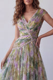 Vestido formal largo largo de escote en V con escote en V y salvia de gasa