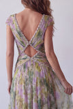 Vestido formal largo largo de escote en V con escote en V y salvia de gasa