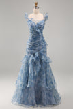 Vestido formal largo largo con flores de chiffon azul polvoriento sirena y volantes