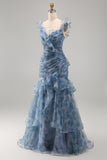 Vestido formal largo largo con flores de chiffon azul polvoriento sirena y volantes