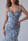 Vestido formal largo largo con flores de chiffon azul polvoriento sirena y volantes