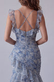 Vestido formal largo largo con flores de chiffon azul polvoriento sirena y volantes