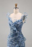 Vestido formal largo largo con flores de chiffon azul polvoriento sirena y volantes