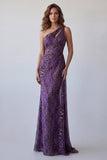Vestido formal largo de gasa morada de un hombro Sirena con fajilla