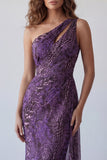 Vestido formal largo de gasa morada de un hombro Sirena con fajilla
