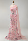 Vestido largo de madre de la novia rosa brillante con cuentas de sirena y capa lateral