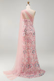 Vestido largo de madre de la novia rosa brillante con cuentas de sirena y capa lateral