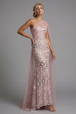 Vestido largo de madre de la novia rosa brillante con cuentas de sirena y capa lateral