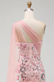 Vestido largo de madre de la novia rosa brillante con cuentas de sirena y capa lateral