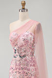 Vestido largo de madre de la novia rosa brillante con cuentas de sirena y capa lateral