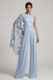 monos largos de Madre de la Novia con cuello floral azul celeste y capa lateral