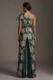 monos de madre de la novia florales verde oscuro de un hombro largo con bolsillos