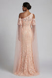 Vestido de Sirena floral de melocotón brillante con largas cuentas y capa