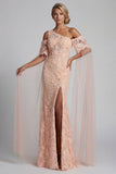 Vestido de Sirena floral de melocotón brillante con largas cuentas y capa