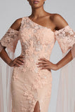 Vestido de Sirena floral de melocotón brillante con largas cuentas y capa