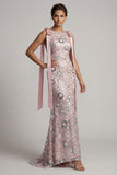 Vestido de Madre de la Novia rosa brillante de sirena con cuello barco largo y con lazos