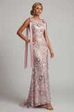 Vestido de Madre de la Novia rosa brillante de sirena con cuello barco largo y con lazos