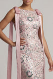 Vestido de Madre de la Novia rosa brillante de sirena con cuello barco largo y con lazos
