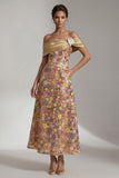 Amarillo brillante Largo Largo de Hombros A Línea Vestido de Madre de la Novia con Flor 3D
