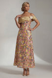 Amarillo brillante Largo Largo de Hombros A Línea Vestido de Madre de la Novia con Flor 3D