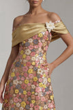 Amarillo brillante Largo Largo de Hombros A Línea Vestido de Madre de la Novia con Flor 3D