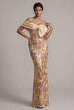 Vestido largo largo de sirena amarillo brillante con un vestido de la novia con lazo