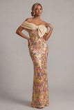 Vestido largo largo de sirena amarillo brillante con un vestido de la novia con lazo