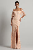 Vestido de Sirena Floral de Melocotón Largo y Brillante con Abertura