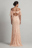 Vestido de Sirena Floral de Melocotón Largo y Brillante con Abertura